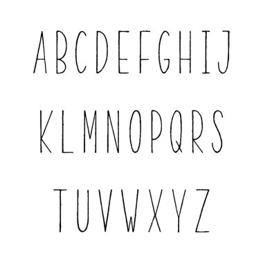 Elle çizilmiş dar alfabe. Uzun boylu ve ince büyük harf tasarımı için beyaz arka plan üzerinde.