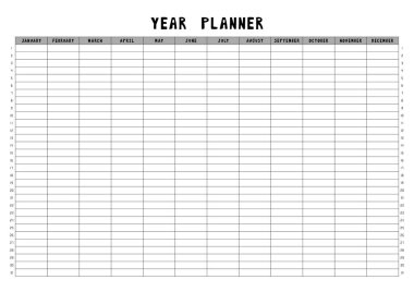 Notlar için yıl planlayıcı takvim şablonu. Vektör illüstrasyonu.