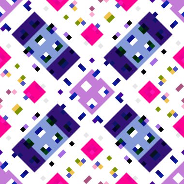 Kaleydoskopik coğrafi piksel deseni. Eğlenceli pembe duvar kâğıdı. Kusursuz doku arkaplanı için renkli bir klasik jeo nokta mozaiği