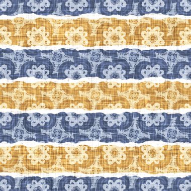 Kusursuz Fransız kırsal mutfak çizgili kumaş deseni. Mavi sarı beyaz yatay çizgili arka plan. Batik Boyası Kaynak Stili Kırsal Örgü Cottagecore Tekstili