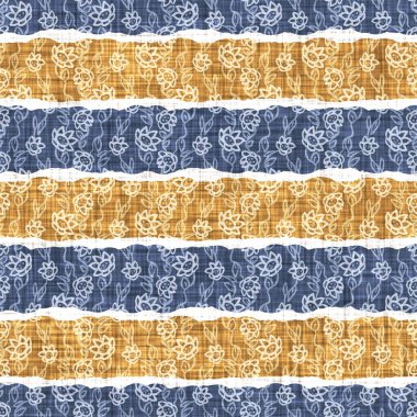 Kusursuz Fransız kırsal mutfak çizgili kumaş deseni. Mavi sarı beyaz yatay çizgili arka plan. Batik Boyası Kaynak Stili Kırsal Örgü Cottagecore Tekstili