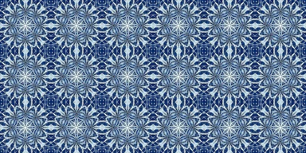 Indigo Blue Snow Flake Border Batik Frosty Batik Painterly Effect — Stockfoto