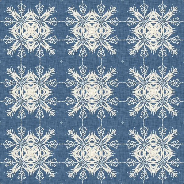 Bauernhaus Blauen Schneeflockenmuster Hintergrund Frostige Batik Damast Französisch Effekt Nahtlosen — Stockfoto