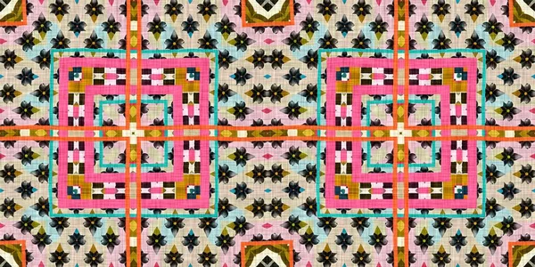 Kitsch pattern geometric retro design in seamless border background. Trendy modern boho geo in vibrant colorful graphic ribbon trim edge. Repeat tile for patchwork effect endless band