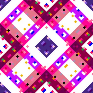 Kaleydoskopik coğrafi piksel deseni. Eğlenceli pembe duvar kâğıdı. Kusursuz doku arkaplanı için renkli bir klasik jeo nokta mozaiği