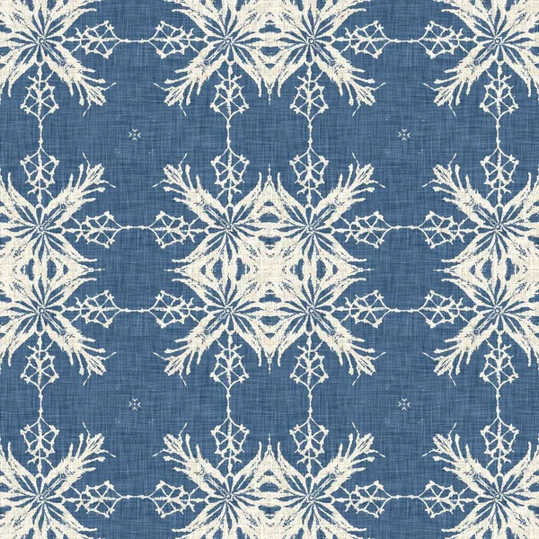 Farmhouse blue snow flake pattern background. Frosty batik damask french effect seamless backdrop. Festive cold holiday season wall paper tile