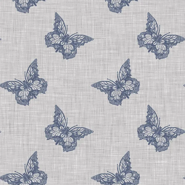 Farmhouse blue butterfly seamless pattern. Rustic French wildlife for ecological beautiful all over wallpaper. Repeat decorative textile of whimsical lepidoptera