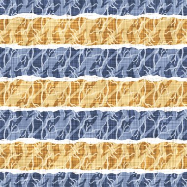 Kusursuz Fransız kırsal mutfak çizgili kumaş deseni. Mavi sarı beyaz yatay çizgili arka plan. Batik Boyası Kaynak Stili Kırsal Örgü Cottagecore Tekstili