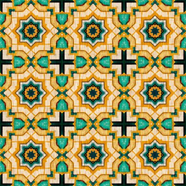 Geleneksel fayanslı, pürüzsüz mozaik iz. Kumaş efekti Meksika yamaca damask ızgara kare şekil simetrik arka plan tekstili. Yaratıcı renkli grafik tasarımı.