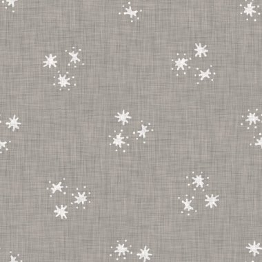 Seamless christmas snowflake woven linen pattern. Two tone seasonal grey farmhouse frost background. Holiday textile for french Xmas snow repeat.