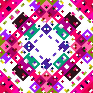 Kaleydoskopik coğrafi piksel deseni. Eğlenceli pembe duvar kâğıdı. Kusursuz doku arkaplanı için renkli bir klasik jeo nokta mozaiği