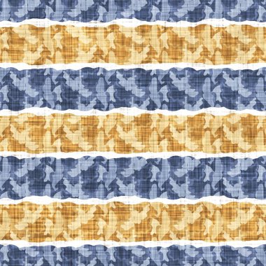 Kusursuz Fransız kırsal mutfak çizgili kumaş deseni. Mavi sarı beyaz yatay çizgili arka plan. Batik Boyası Kaynak Stili Kırsal Örgü Cottagecore Tekstili