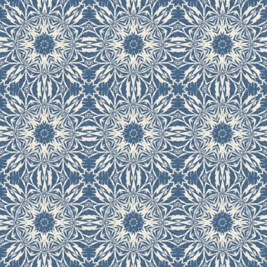 Farmhouse blue snow flake pattern background. Frosty batik damask french effect seamless backdrop. Festive cold holiday season wall paper tile