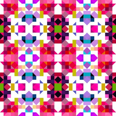 Retro geometrik piksel desen. Eğlenceli kaleydoskopik pembe duvar kağıdı. Kusursuz doku arkaplanı için renkli bir klasik jeo nokta mozaiği