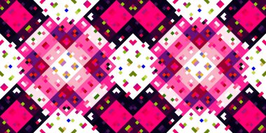 Retro geometrik piksel desen. Eğlenceli kaleydoskopik pembe duvar kağıdı. Kusursuz doku arkaplanı için renkli bir klasik jeo nokta mozaiği