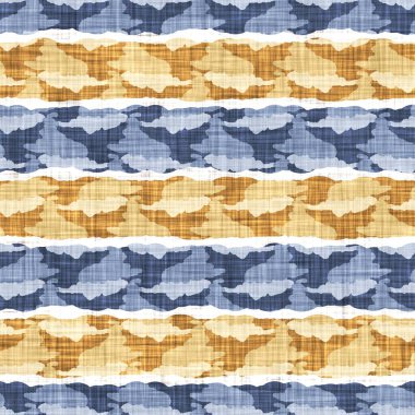 Kusursuz Fransız kırsal mutfak çizgili kumaş deseni. Mavi sarı beyaz yatay çizgili arka plan. Batik Boyası Kaynak Stili Kırsal Örgü Cottagecore Tekstili