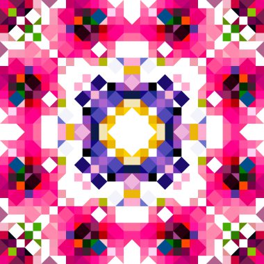 Retro geometrik piksel desen. Eğlenceli kaleydoskopik pembe duvar kağıdı. Kusursuz doku arkaplanı için renkli bir klasik jeo nokta mozaiği