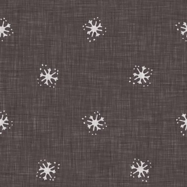Kusursuz Noel kar taneleri örülmüş keten desenler. İki ton kahverengi çiftlik evi donma arka planı. Fransız Xmas karları için tatil tekstili