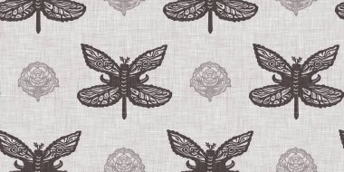 Çiftlik evi, gri kelebek, sınırsız sınır. Ekolojik güzellikler için kırsal Fransız yaban hayatı. Tuhaf lepidopteranın dekoratif tekstilini tekrarla