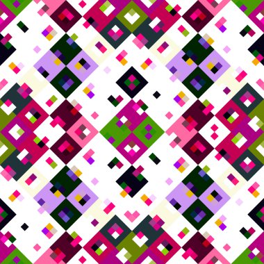 Kaleydoskopik coğrafi piksel deseni. Eğlenceli pembe duvar kâğıdı. Kusursuz doku arkaplanı için renkli bir klasik jeo nokta mozaiği