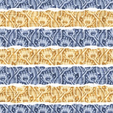 Kusursuz Fransız kırsal mutfak çizgili kumaş deseni. Mavi sarı beyaz yatay çizgili arka plan. Batik Boyası Kaynak Stili Kırsal Örgü Cottagecore Tekstili