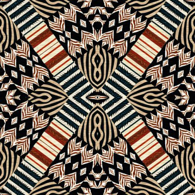 African kente cloth patchwork effect pattern. Seamless geometric quilt fabric all over background. Patched boho rug safari shirt repetitive tile swatch.