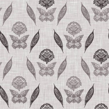 Çiftlik evi gri kelebeği pürüzsüz desen. Kırsal Fransız yaban hayatı tüm duvar kağıtlarında ekolojik güzellikler için. Tuhaf lepidopteranın dekoratif tekstilini tekrarla