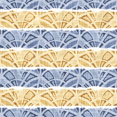 Kusursuz Fransız kırsal mutfak çizgili kumaş deseni. Mavi sarı beyaz yatay çizgili arka plan. Batik Boyası Kaynak Stili Kırsal Örgü Cottagecore Tekstili