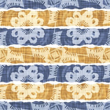 Kusursuz Fransız kırsal mutfak çizgili kumaş deseni. Mavi sarı beyaz yatay çizgili arka plan. Batik Boyası Kaynak Stili Kırsal Örgü Cottagecore Tekstili