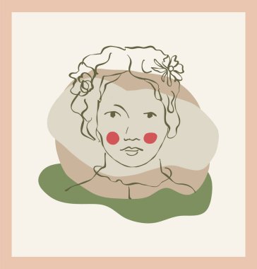 Çiçek vektörü tek klipli kadın portresi. Elle çizilmiş karikatür kız resmi. Web avatarı için yüz illüstrasyonu