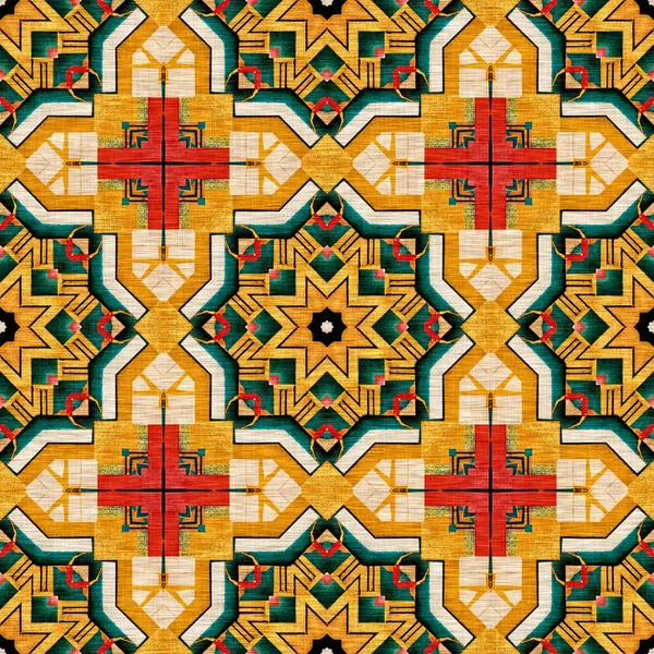 Traditional Tile Mosaic Seamless Pattern Print Fabric Effect Mexican Patchwork — 图库照片