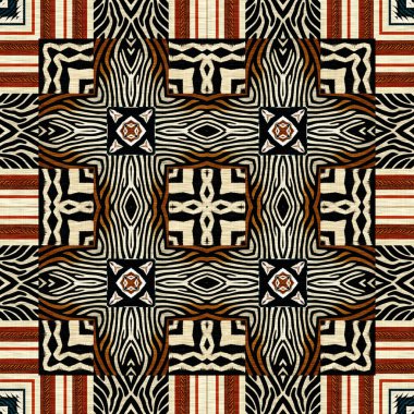 African kente cloth patchwork effect pattern. Seamless geometric quilt fabric all over background. Patched boho rug safari shirt repetitive tile swatch.