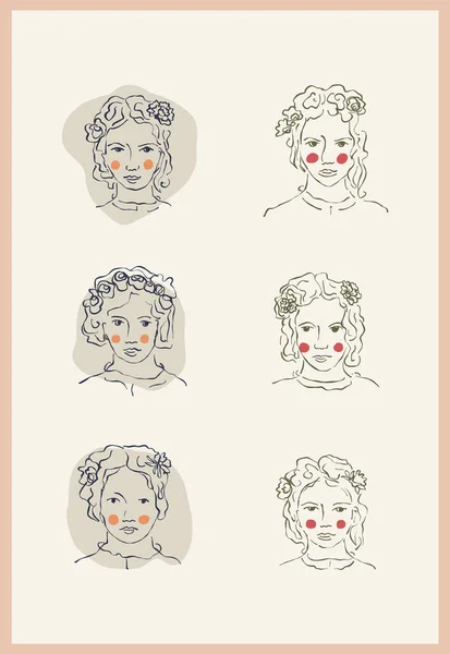 Kvinnligt Porträtt Med Blomma Samling Uppsättning Clipart Inramad Teckning Tecknad — Stock vektor