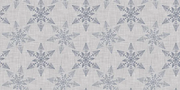 Seamless christmas snowflake woven linen pattern. Two tone seasonal farmhouse blue frost background. Holiday textile for french Xmas snow repeat
