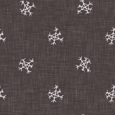 Seamless christmas snowflake woven linen pattern. Two tone seasonal brown farmhouse frost background. Holiday textile for french Xmas snow repeat