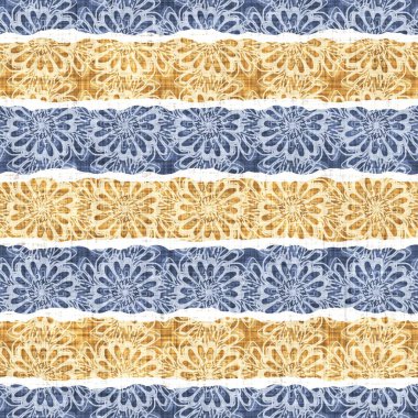 Kusursuz Fransız kırsal mutfak çizgili kumaş deseni. Mavi sarı beyaz yatay çizgili arka plan. Batik Boyası Kaynak Stili Kırsal Örgü Cottagecore Tekstili
