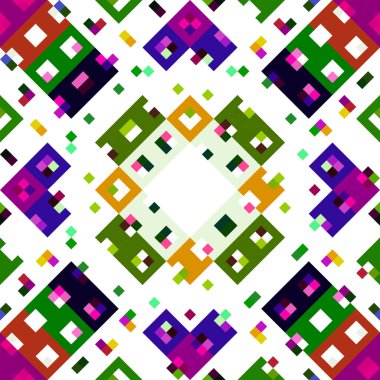 Kaleydoskopik coğrafi piksel deseni. Eğlenceli pembe duvar kâğıdı. Kusursuz doku arkaplanı için renkli bir klasik jeo nokta mozaiği