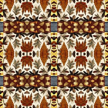 Sonbahar yaprağı yorgan stili, dikişsiz desen. 70 'lerin arka planı için basit bir yama tasarımı. Yeşilliğin doğal tasarımı