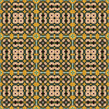 Geleneksel fayanslı, pürüzsüz mozaik iz. Kumaş efekti Meksika yamaca damask ızgara kare şekil simetrik arka plan tekstili. Yaratıcı renkli grafik tasarımı.