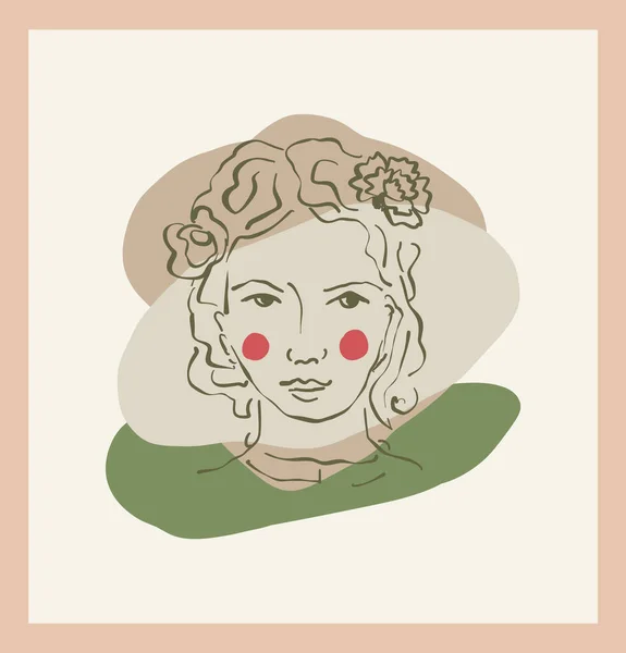 Kvinnligt Porträtt Med Blomma Vektor Enda Clipart Inramad Teckning Tecknad — Stock vektor