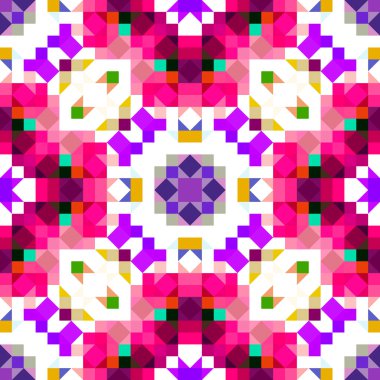 Retro geometrik piksel desen. Eğlenceli kaleydoskopik pembe duvar kağıdı. Kusursuz doku arkaplanı için renkli bir klasik jeo nokta mozaiği
