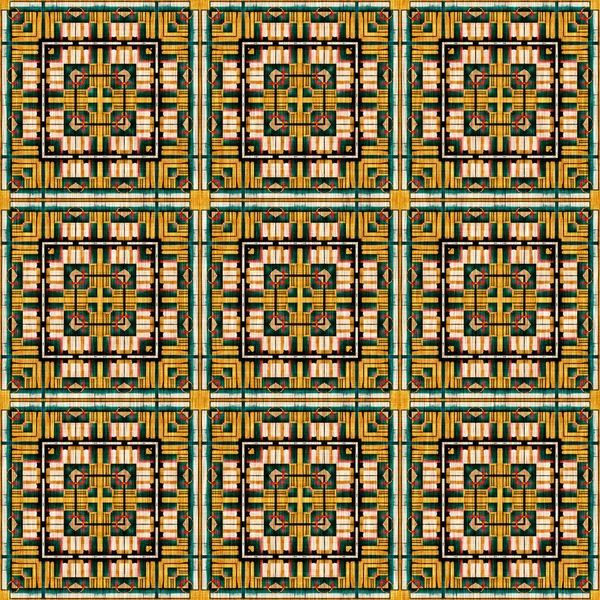 Hagyományos Mozaik Mintadarab Szöveti Hatás Mexikói Patchwork Damask Grid Négyzet — Stock Fotó