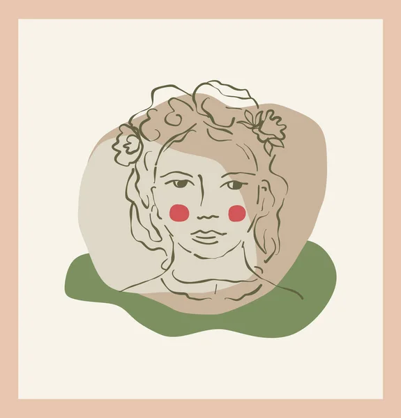 Female Portrait Flower Vector Single Clipart Framed Drawing Cartoon Girl — Stock Vector