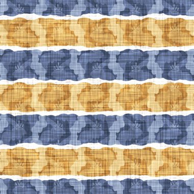 Kusursuz Fransız kırsal mutfak çizgili kumaş deseni. Mavi sarı beyaz yatay çizgili arka plan. Batik Boyası Kaynak Stili Kırsal Örgü Cottagecore Tekstili