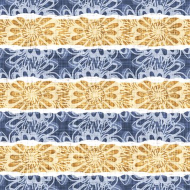 Kusursuz Fransız kırsal mutfak çizgili kumaş deseni. Mavi sarı beyaz yatay çizgili arka plan. Batik Boyası Kaynak Stili Kırsal Örgü Cottagecore Tekstili