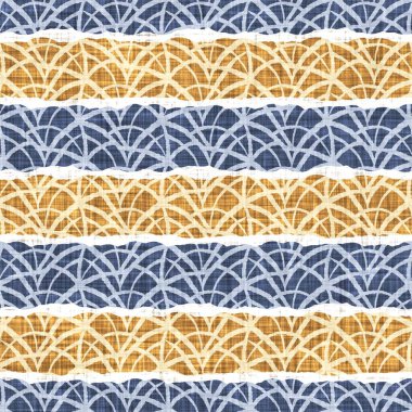 Kusursuz Fransız kırsal mutfak çizgili kumaş deseni. Mavi sarı beyaz yatay çizgili arka plan. Batik Boyası Kaynak Stili Kırsal Örgü Cottagecore Tekstili