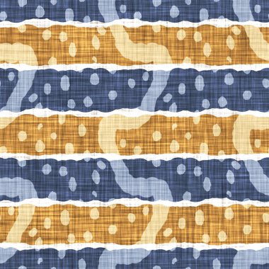 Kusursuz Fransız kırsal mutfak çizgili kumaş deseni. Mavi sarı beyaz yatay çizgili arka plan. Batik Boyası Kaynak Stili Kırsal Örgü Cottagecore Tekstili