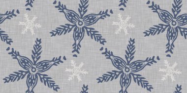 Kusursuz Noel kar taneleri örülmüş keten desenler. İki ton, mevsimlik çiftlik evi mavi don arka planı. Fransız Xmas karları için tatil tekstili