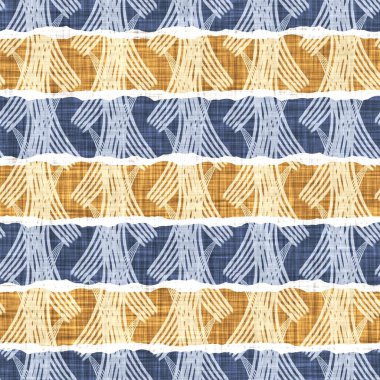 Kusursuz Fransız kırsal mutfak çizgili kumaş deseni. Mavi sarı beyaz yatay çizgili arka plan. Batik Boyası Kaynak Stili Kırsal Örgü Cottagecore Tekstili