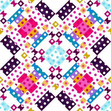 Garip geometrik piksel desen. Eğlenceli kaleydoskopik pembe duvar kağıdı. Kusursuz doku arkaplanı için renkli bir klasik jeo nokta mozaiği
